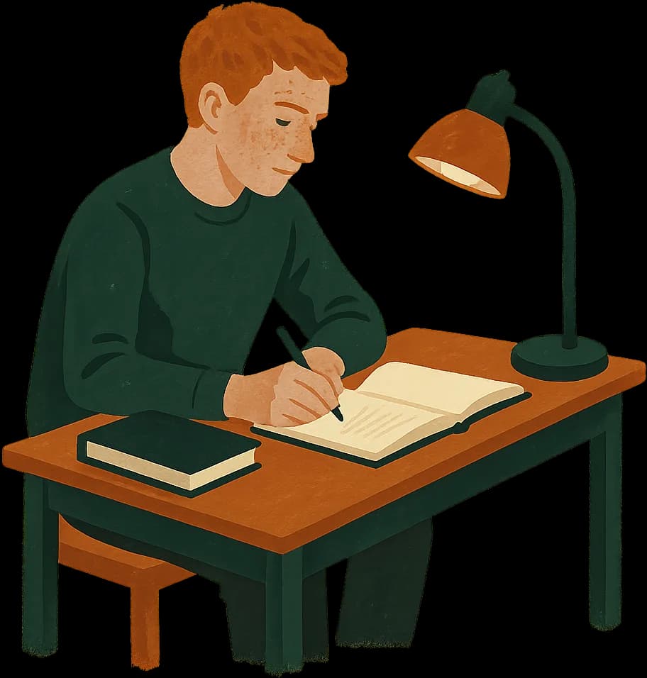 A student writing up their decision by hand, a finished document beside them