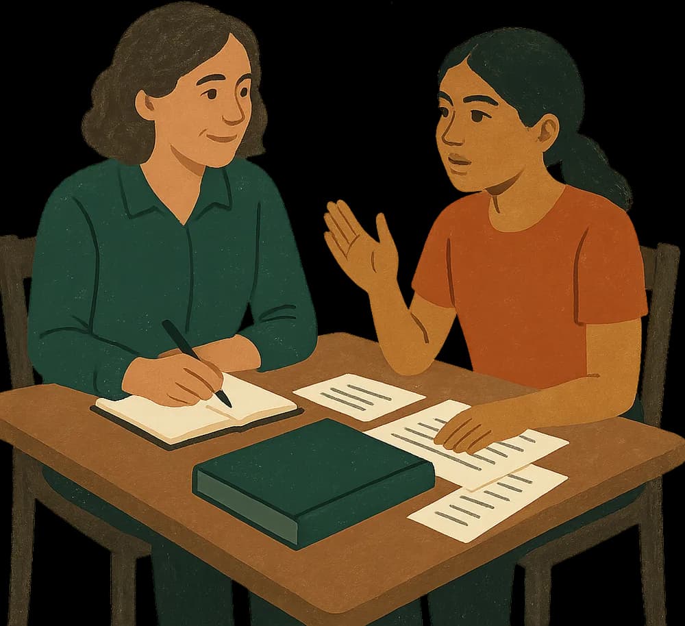 A CareerCompass coach and a teenager working through her decision together, a bound dossier between them