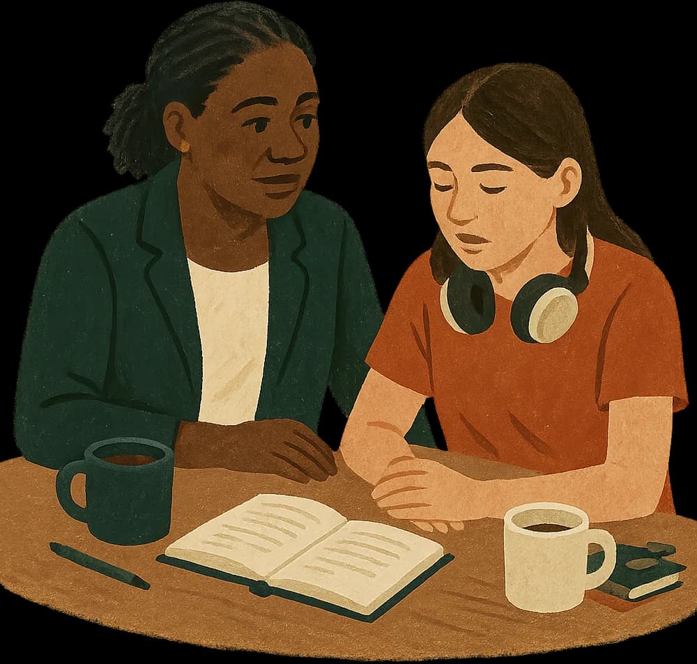 A parent listening to their teenager at the kitchen table in the evening