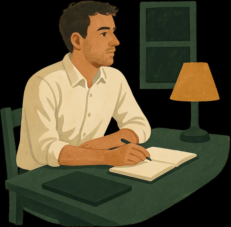 A young man alone at a table late in the evening, reconsidering a decision he thought was settled