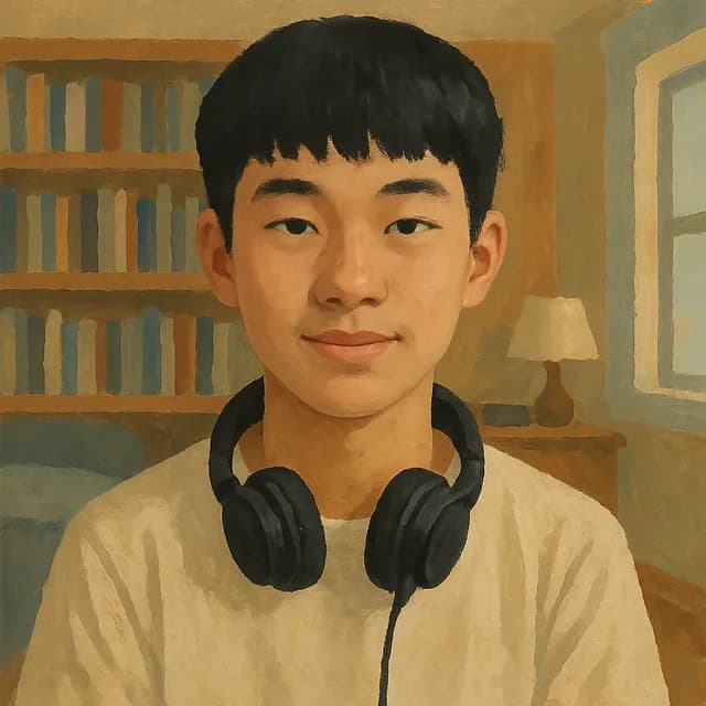 A painted portrait of a teenager listening, a bookshelf behind him.