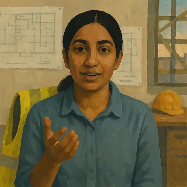A painted portrait of a structural engineer mid-sentence in a site office.